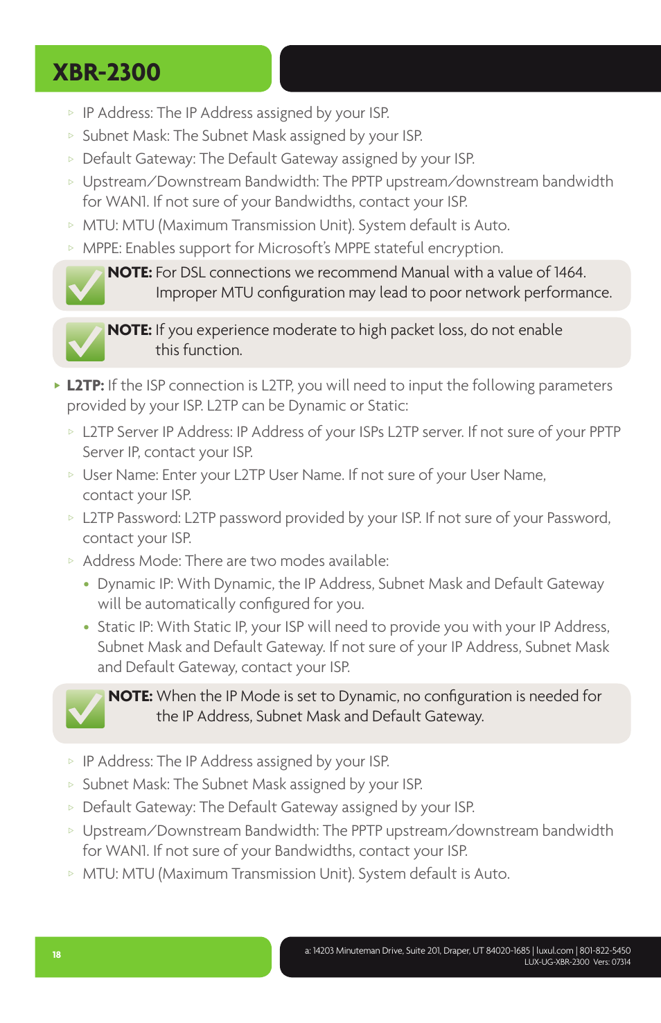 Xbr-2300, Ip address: the ip address assigned by your isp, Subnet mask: the subnet mask assigned by your isp | Luxul XBR-2300 User Manual | Page 18 / 52