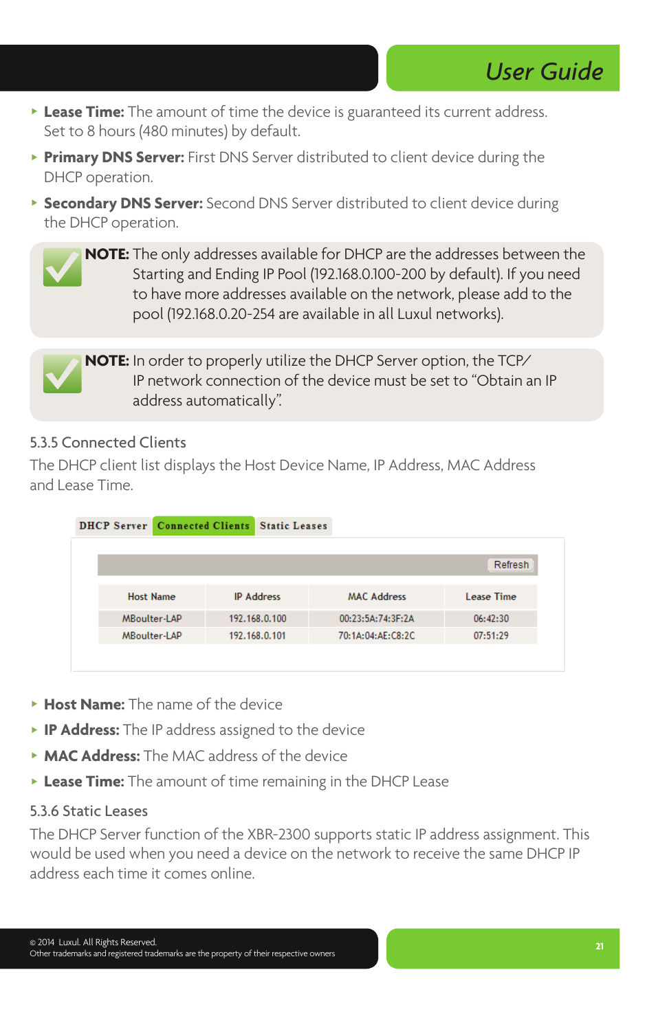 User guide, Host name: the name of the device, Ip address: the ip address assigned to the device | Mac address: the mac address of the device | Luxul XBR-2300 User Manual | Page 21 / 52