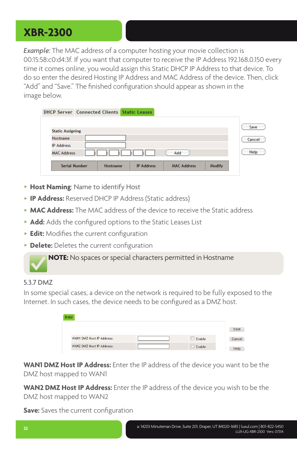 Xbr-2300, Host naming : name to identify host, Edit: modifies the current configuration | Luxul XBR-2300 User Manual | Page 22 / 52