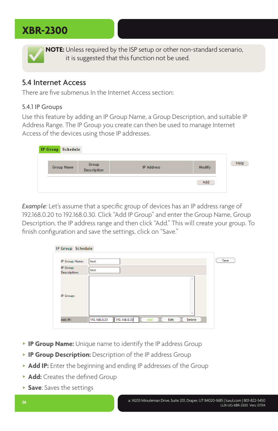 Xbr-2300, 4 internet access, Add: creates the defined group | Save : saves the settings | Luxul XBR-2300 User Manual | Page 26 / 52