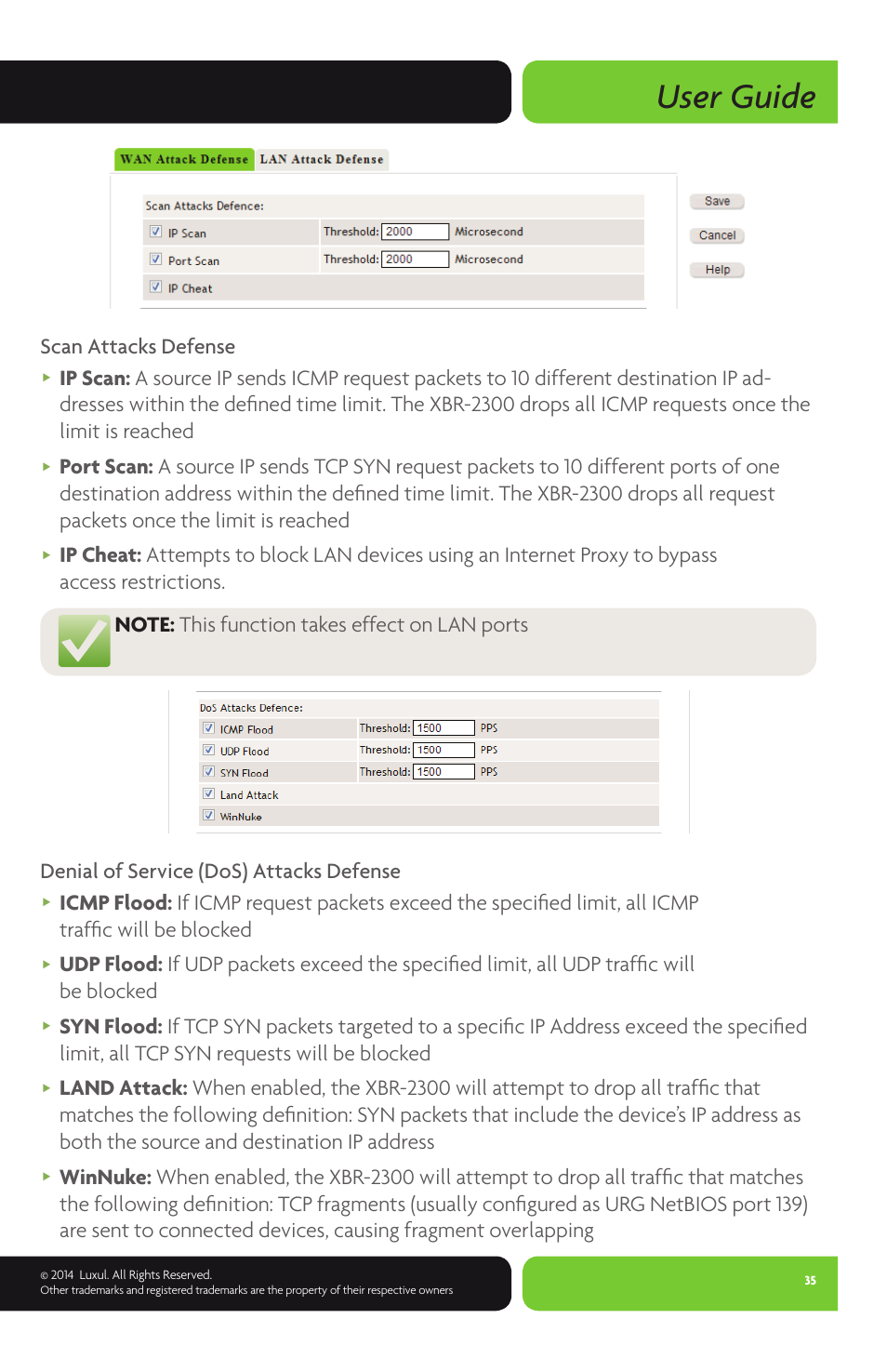 User guide, Scan attacks defense | Luxul XBR-2300 User Manual | Page 35 / 52