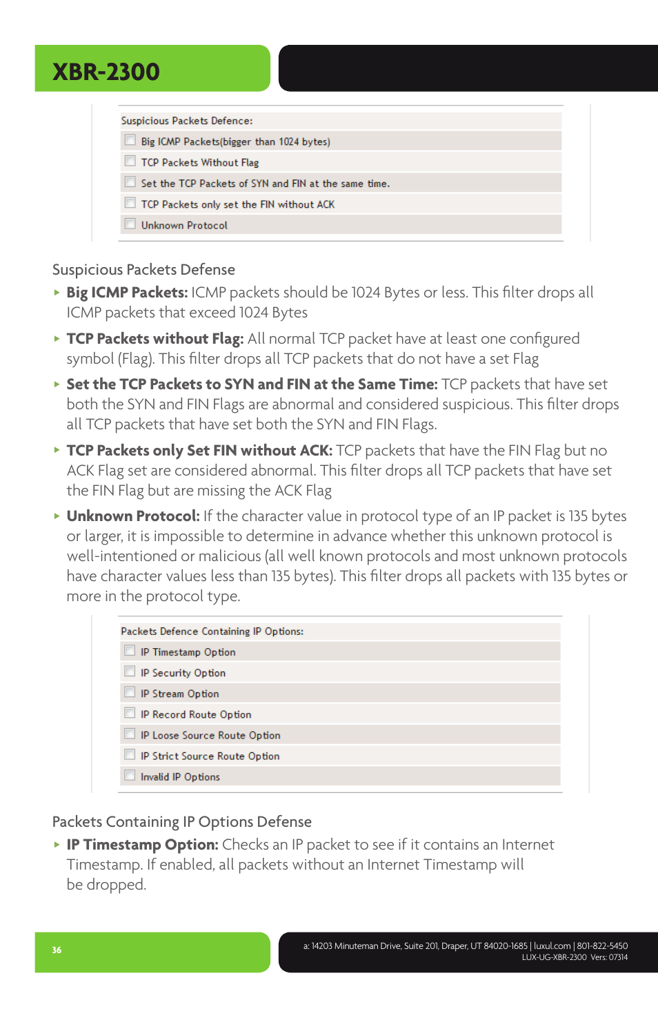 Xbr-2300, Suspicious packets defense | Luxul XBR-2300 User Manual | Page 36 / 52