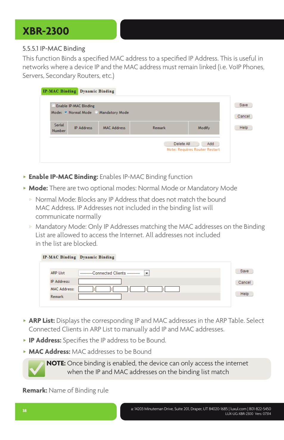 Xbr-2300, Ip address: specifies the ip address to be bound | Luxul XBR-2300 User Manual | Page 38 / 52