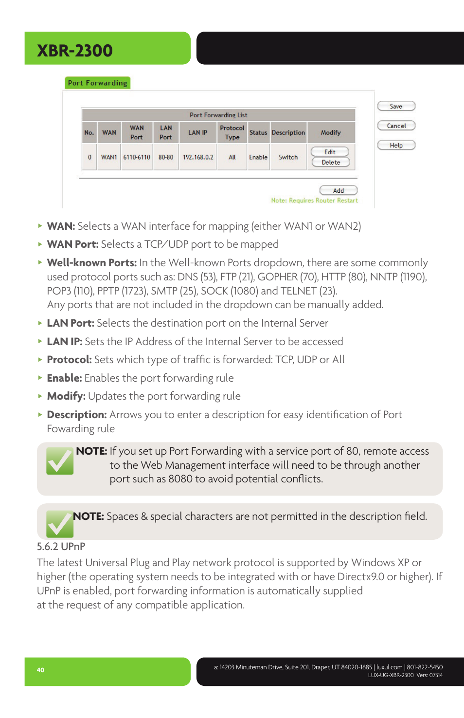 Xbr-2300, Wan port: selects a tcp/udp port to be mapped, Enable: enables the port forwarding rule | Modify: updates the port forwarding rule | Luxul XBR-2300 User Manual | Page 40 / 52