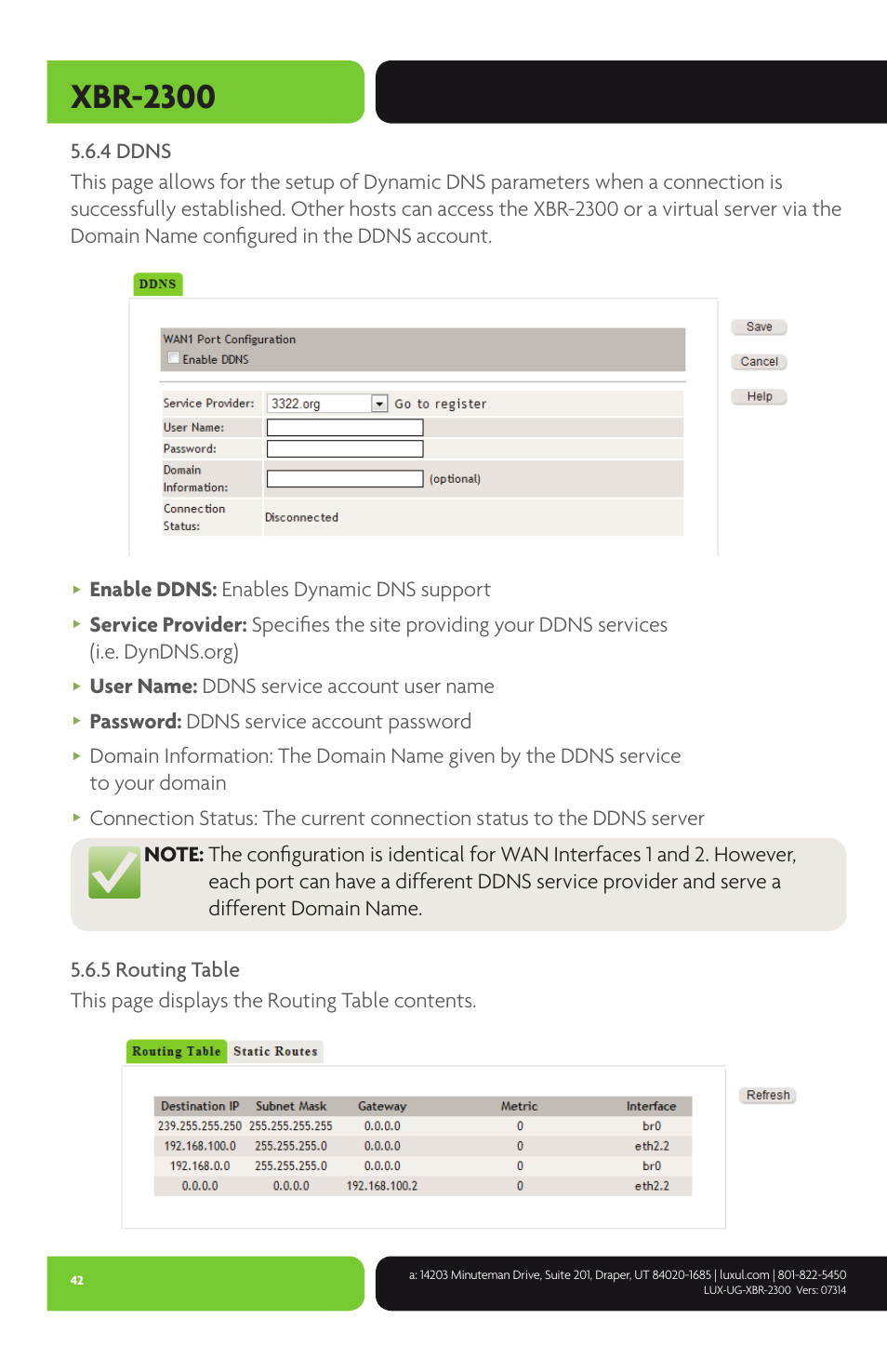 Xbr-2300, Enable ddns: enables dynamic dns support, User name: ddns service account user name | Password: ddns service account password | Luxul XBR-2300 User Manual | Page 42 / 52