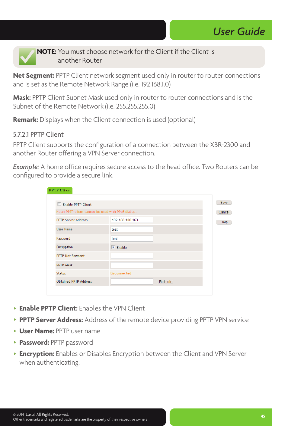 User guide, Enable pptp client: enables the vpn client, User name: pptp user name | Password: pptp password | Luxul XBR-2300 User Manual | Page 45 / 52