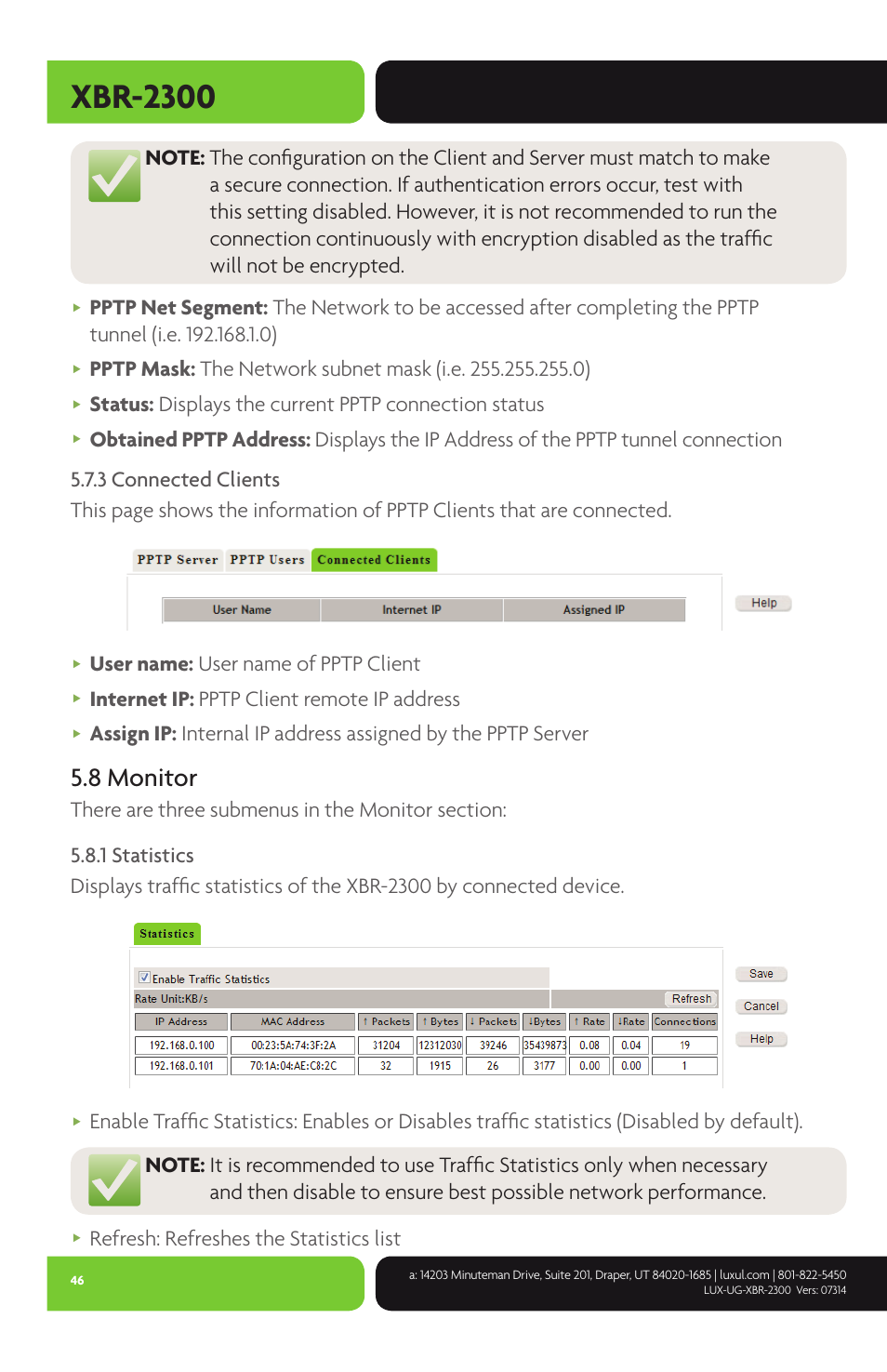 Xbr-2300, 8 monitor, User name: user name of pptp client | Internet ip: pptp client remote ip address, Refresh: refreshes the statistics list | Luxul XBR-2300 User Manual | Page 46 / 52