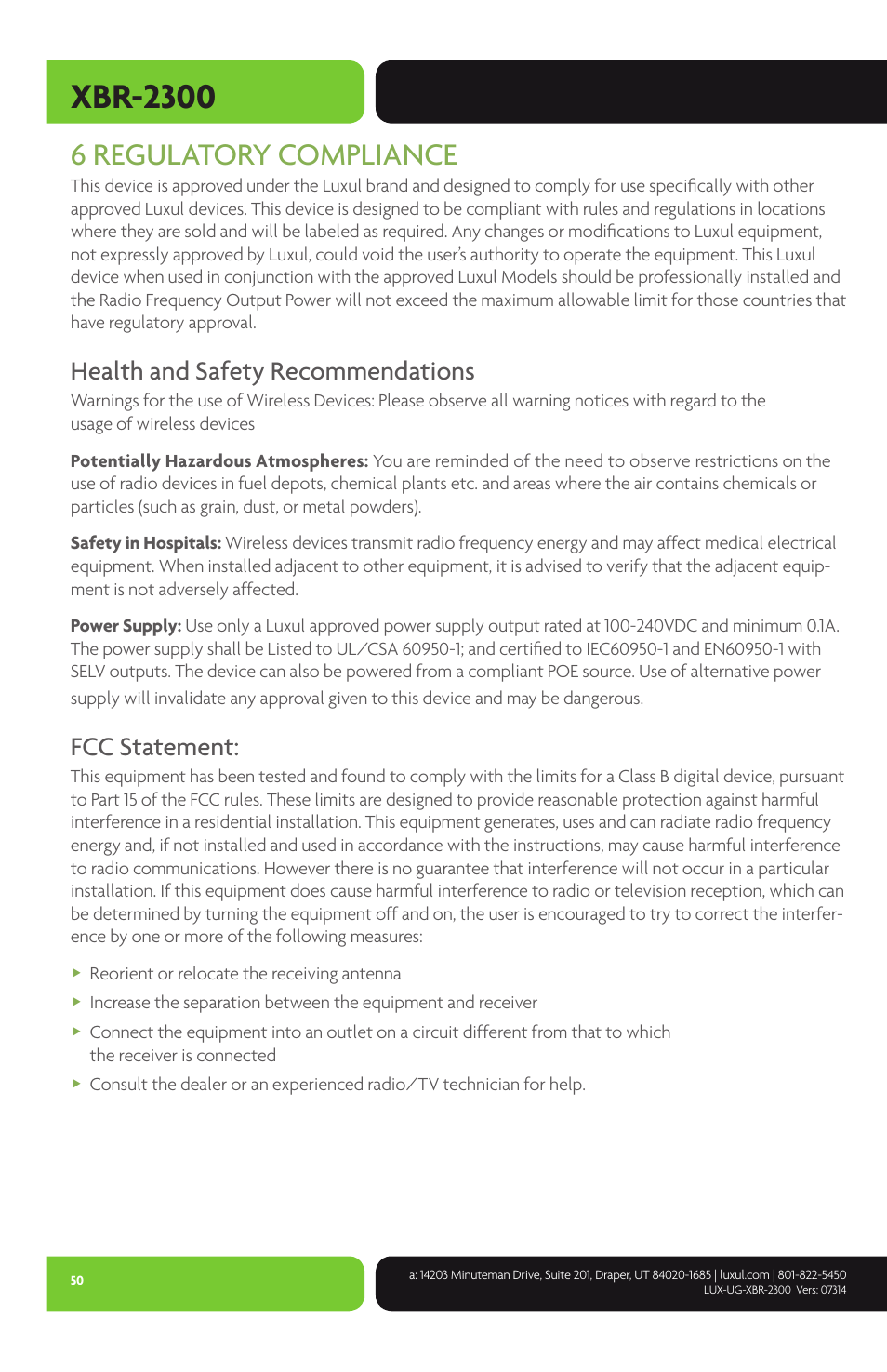 Xbr-2300, 6 regulatory compliance, Health and safety recommendations | Fcc statement | Luxul XBR-2300 User Manual | Page 50 / 52