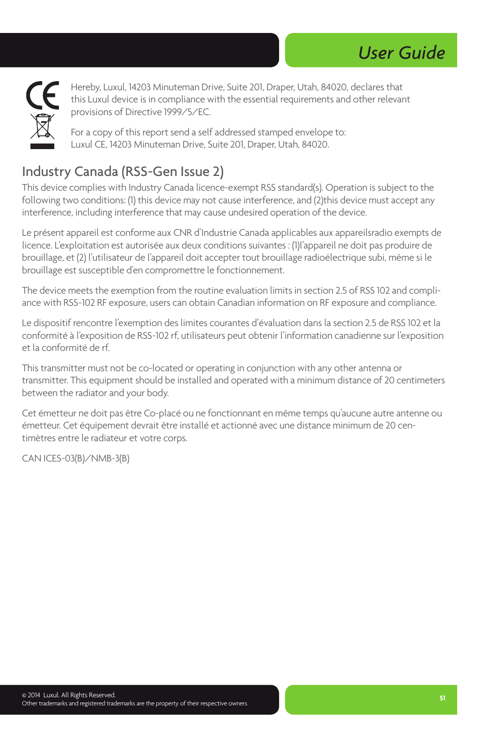 User guide, Industry canada (rss-gen issue 2) | Luxul XBR-2300 User Manual | Page 51 / 52