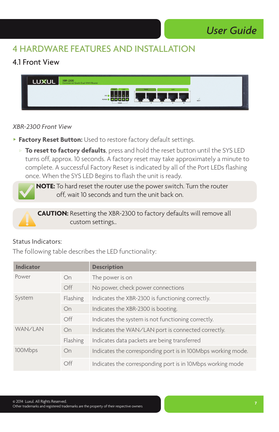 User guide, 4 hardware features and installation, 1 front view | Luxul XBR-2300 User Manual | Page 7 / 52