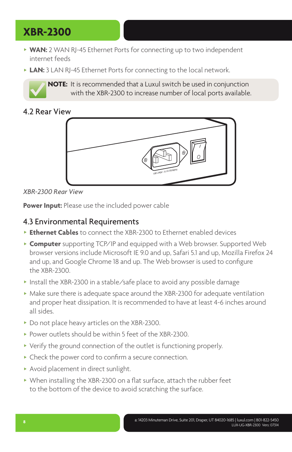 Xbr-2300, 2 rear view, 3 environmental requirements | Do not place heavy articles on the xbr-2300, Avoid placement in direct sunlight | Luxul XBR-2300 User Manual | Page 8 / 52