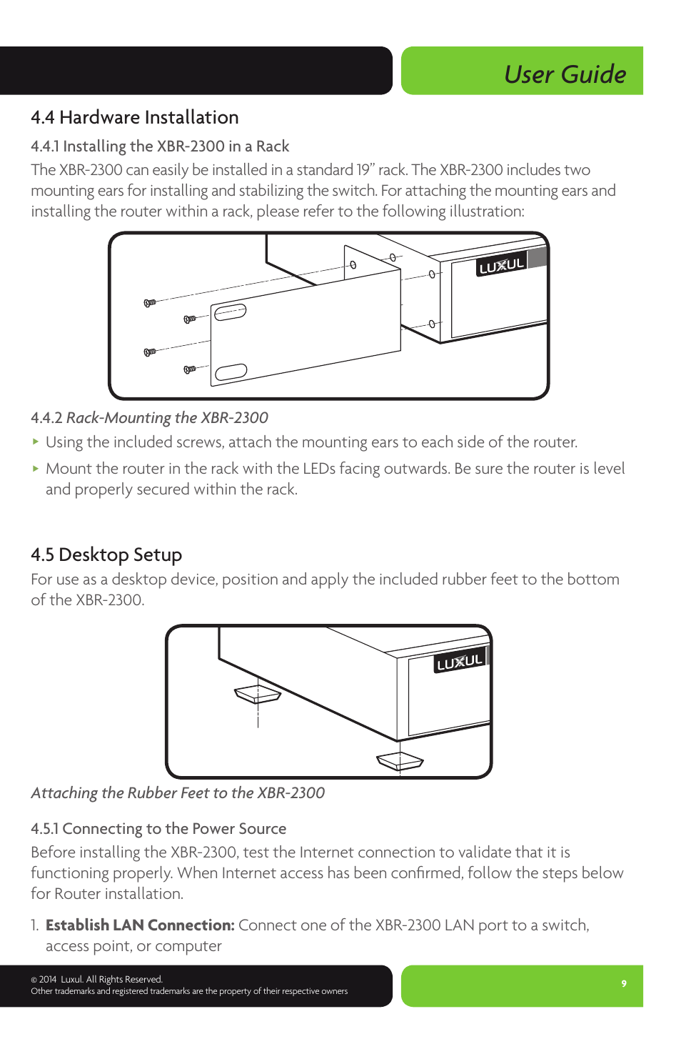 User guide, 4 hardware installation, 5 desktop setup | Luxul XBR-2300 User Manual | Page 9 / 52