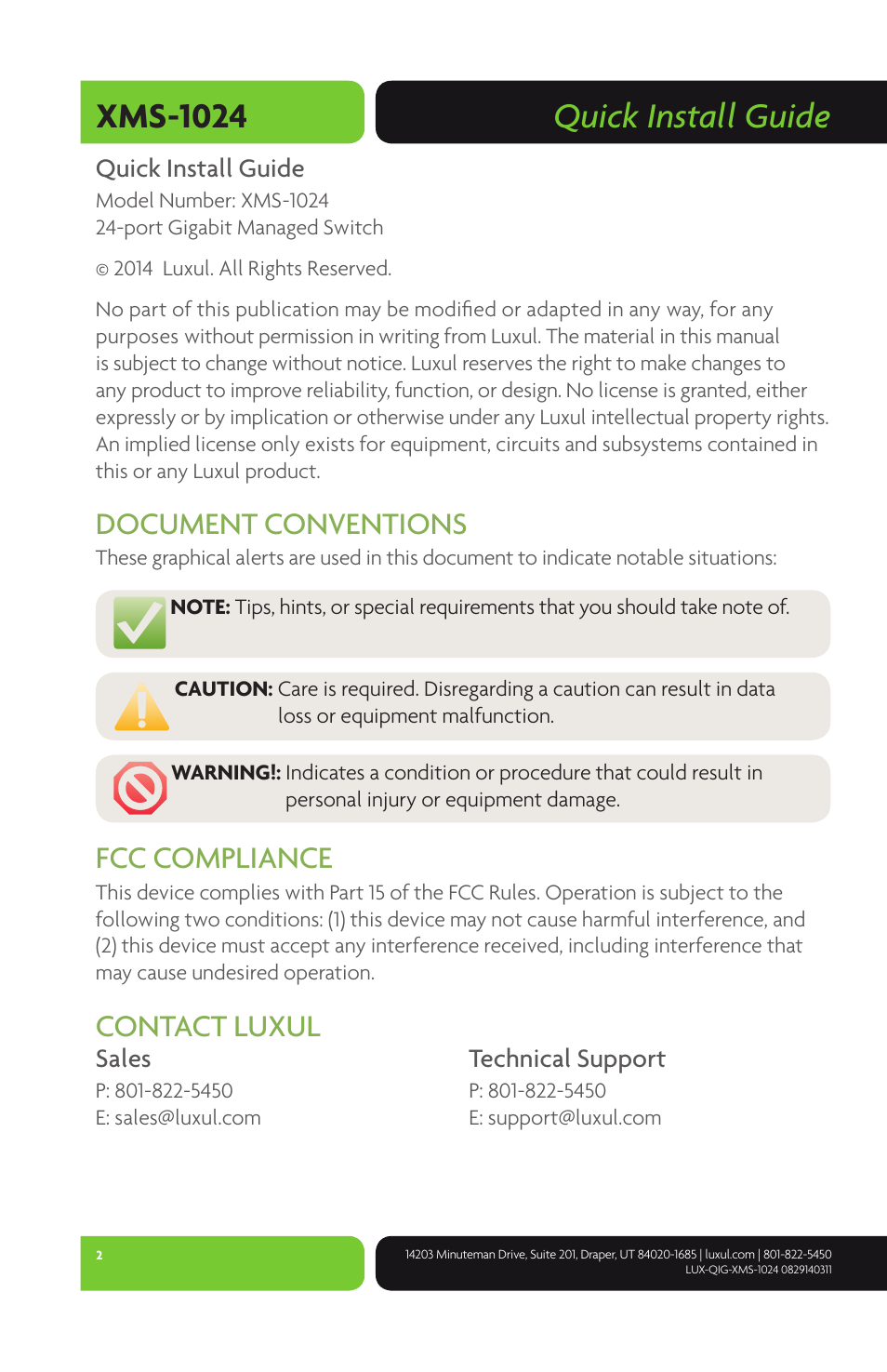 Quick install guide xms-1024, Document conventions, Fcc compliance | Contact luxul | Luxul XMS-1024 User Manual | Page 2 / 8