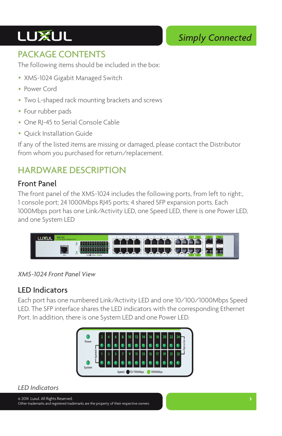 Simply connected, Package contents, Hardware description | Front panel, Led indicators, The following items should be included in the box, Xms-1024 gigabit managed switch, Power cord, Two l-shaped rack mounting brackets and screws, Four rubber pads | Luxul XMS-1024 User Manual | Page 3 / 8