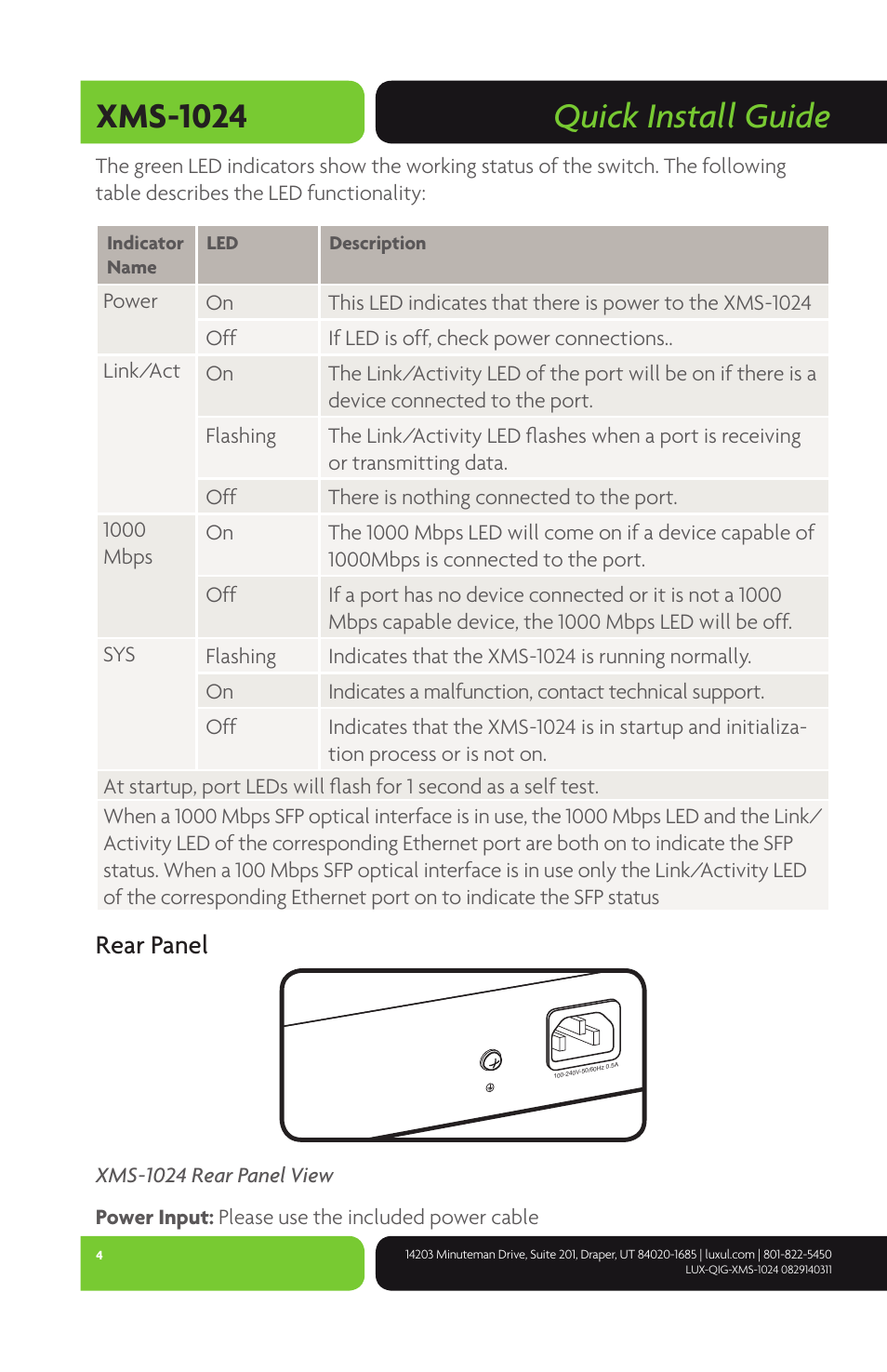 Quick install guide xms-1024, Rear panel | Luxul XMS-1024 User Manual | Page 4 / 8