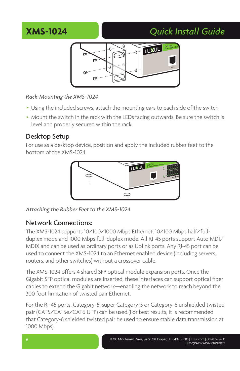 Quick install guide xms-1024, Desktop setup, Network connections | Luxul XMS-1024 User Manual | Page 6 / 8