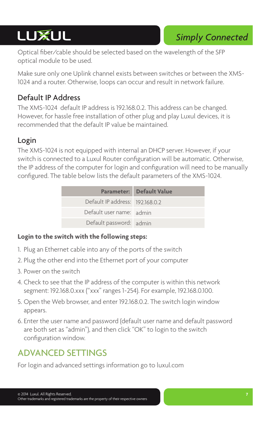 Simply connected, Advanced settings, Default ip address | Login | Luxul XMS-1024 User Manual | Page 7 / 8