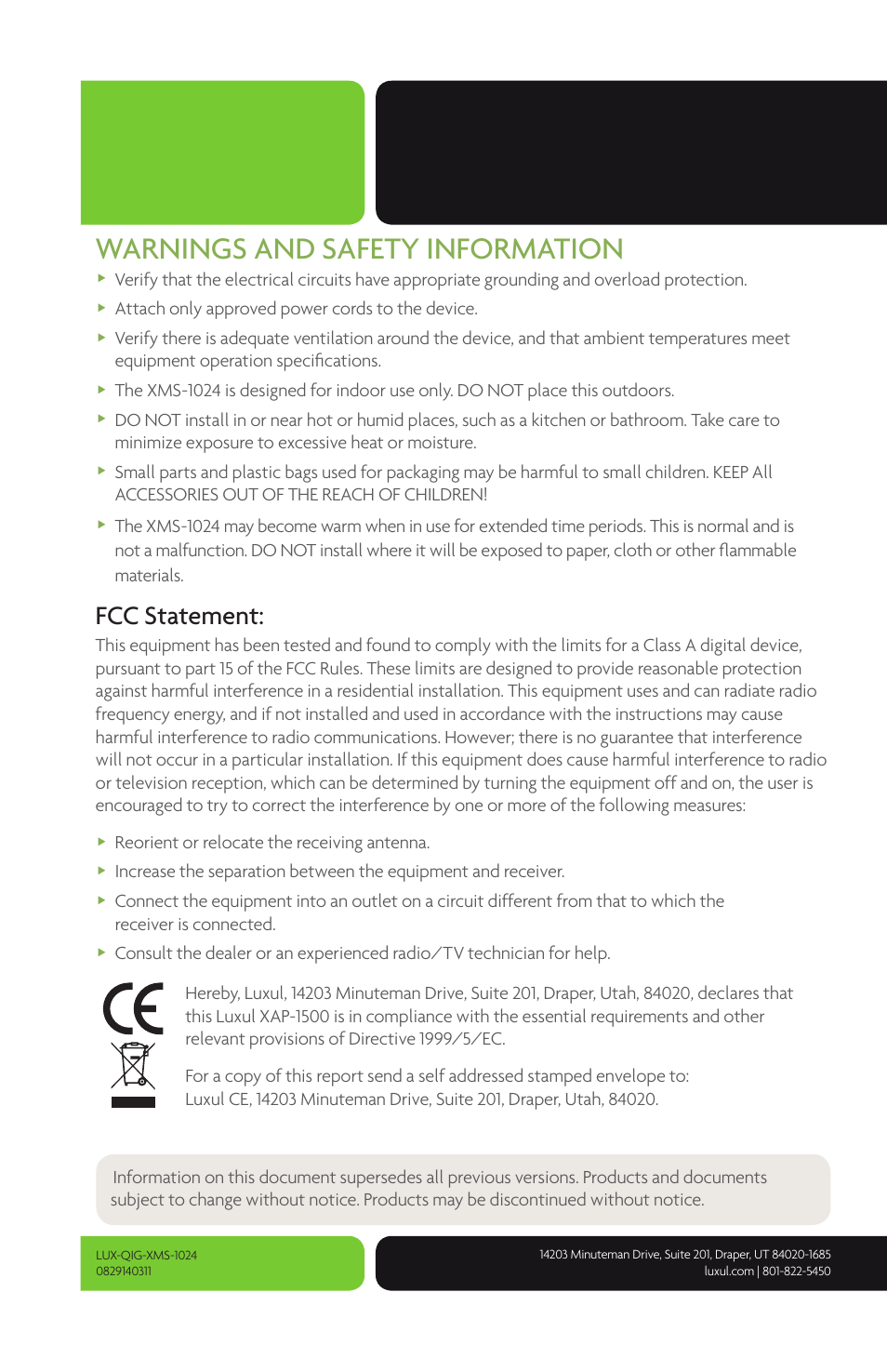 Warnings and safety information, Fcc statement | Luxul XMS-1024 User Manual | Page 8 / 8