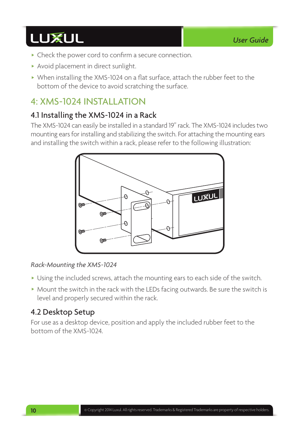 Xms-1024 installation, 2 desktop setup, User guide | Avoid placement in direct sunlight | Luxul XMS-1024 User Manual | Page 10 / 40