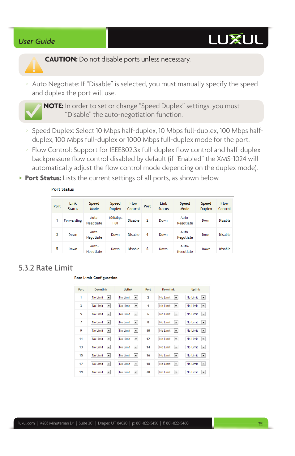 2 rate limit, User guide, Caution: do not disable ports unless necessary | Luxul XMS-1024 User Manual | Page 15 / 40