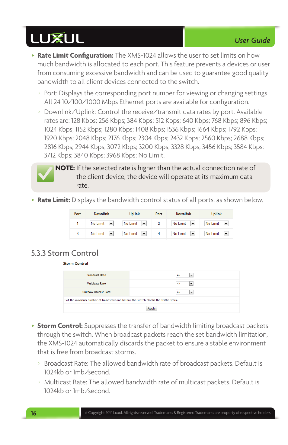 3 storm control, User guide | Luxul XMS-1024 User Manual | Page 16 / 40