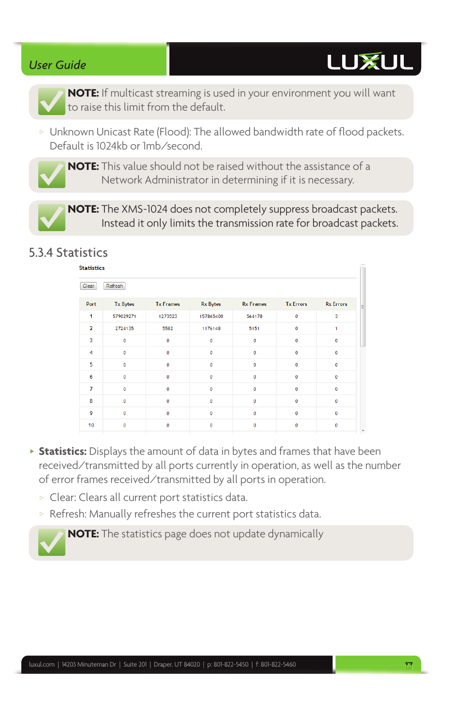 4 statistics, User guide, Clear: clears all current port statistics data | Luxul XMS-1024 User Manual | Page 17 / 40