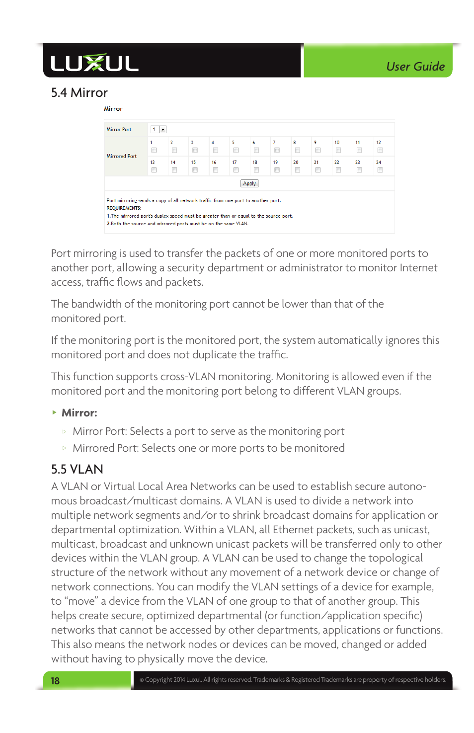 4 mirror, 5 vlan, User guide | Mirror | Luxul XMS-1024 User Manual | Page 18 / 40