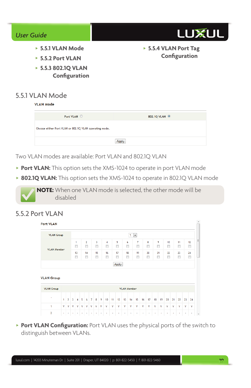 User guide, 1 vlan mode, 2 port vlan | 4 vlan port tag confi guration | Luxul XMS-1024 User Manual | Page 19 / 40