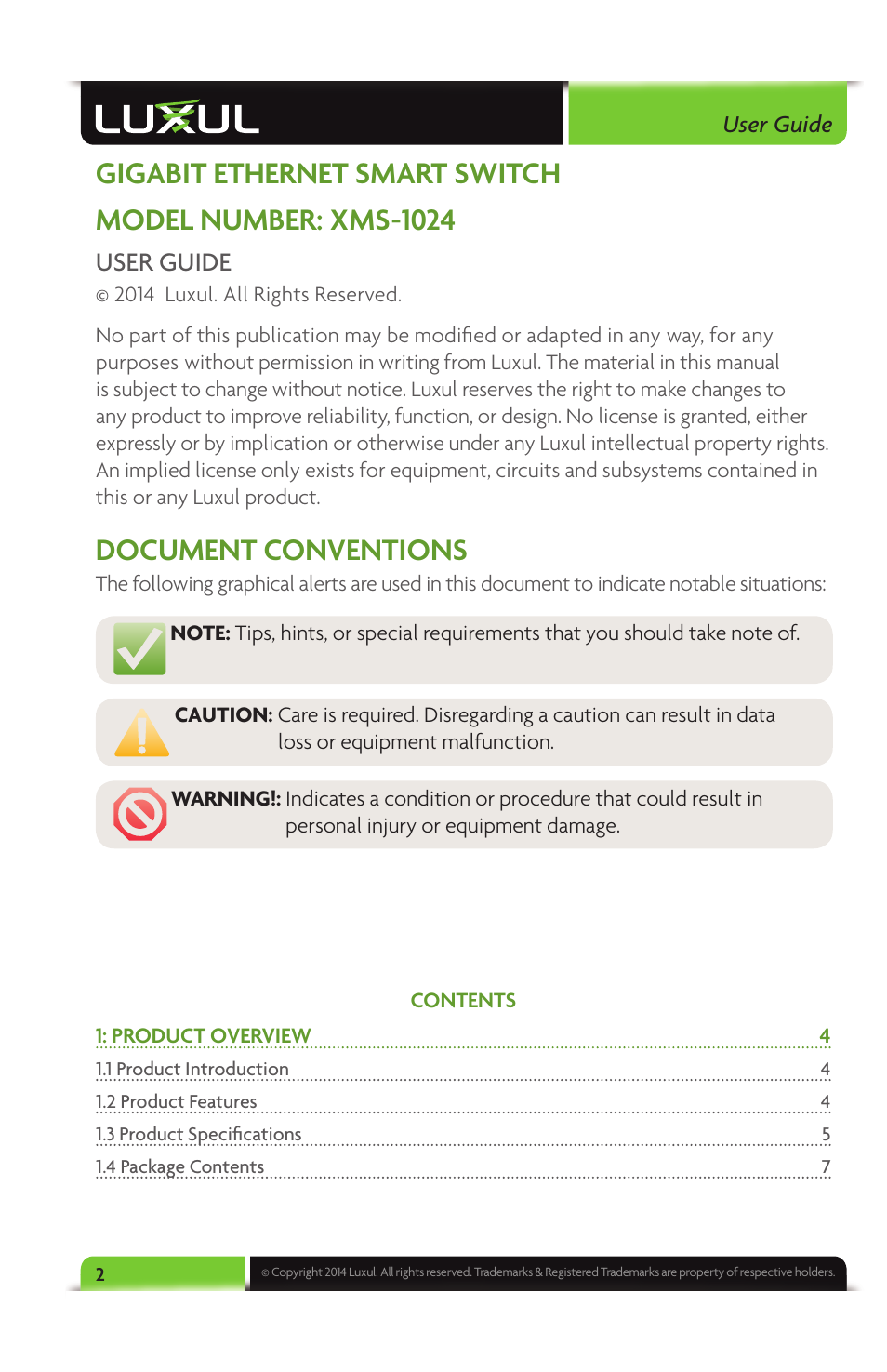 Document conventions, User guide | Luxul XMS-1024 User Manual | Page 2 / 40