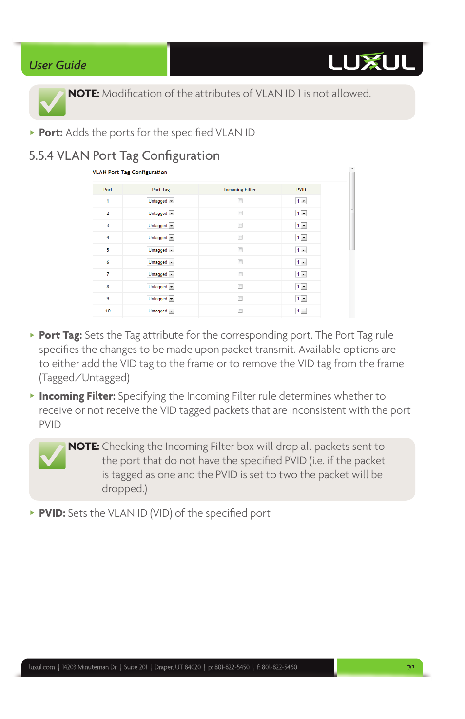 4 vlan port tag confi guration, User guide, Port: adds the ports for the specifi ed vlan id | Luxul XMS-1024 User Manual | Page 21 / 40