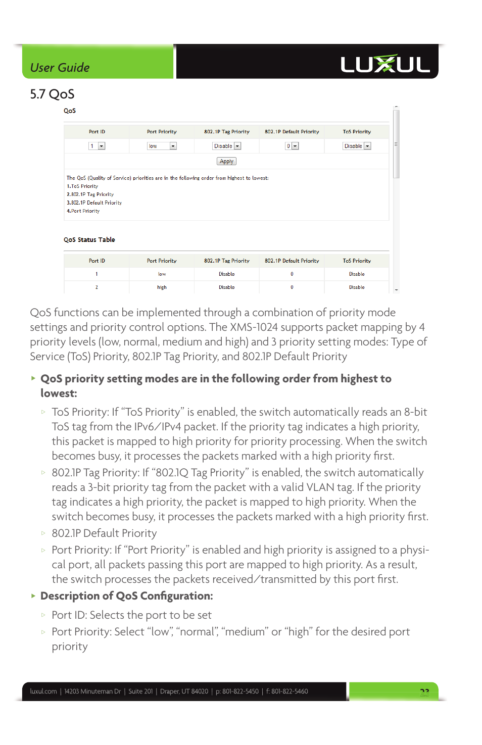 7 qos, User guide, 1p default priority | Description of qos confi guration, Port id: selects the port to be set | Luxul XMS-1024 User Manual | Page 23 / 40