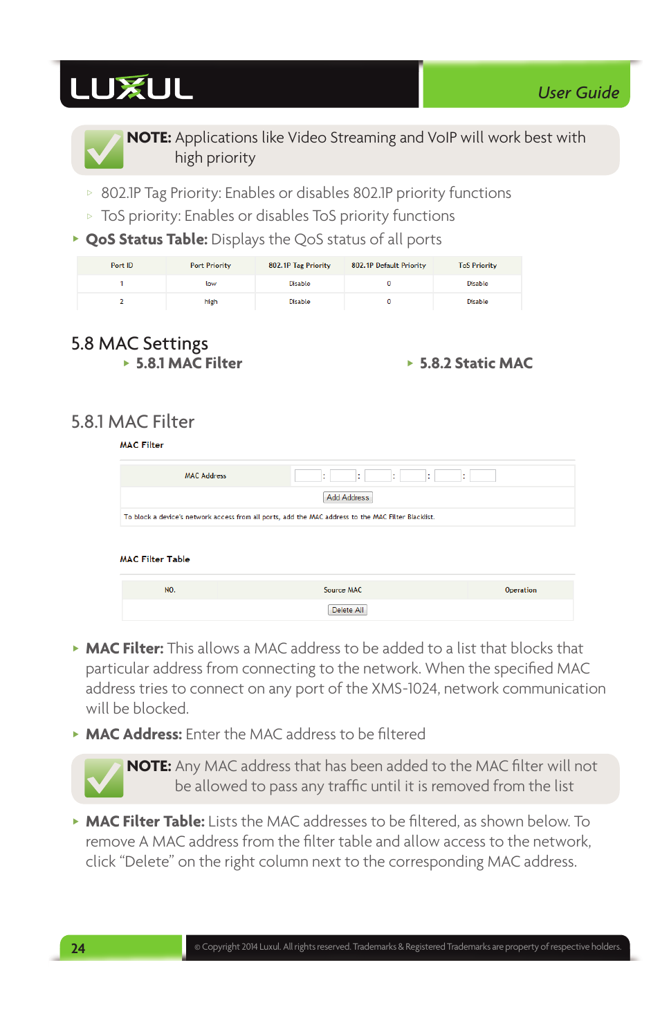 8 mac settings, User guide, 1 mac filter | 2 static mac | Luxul XMS-1024 User Manual | Page 24 / 40