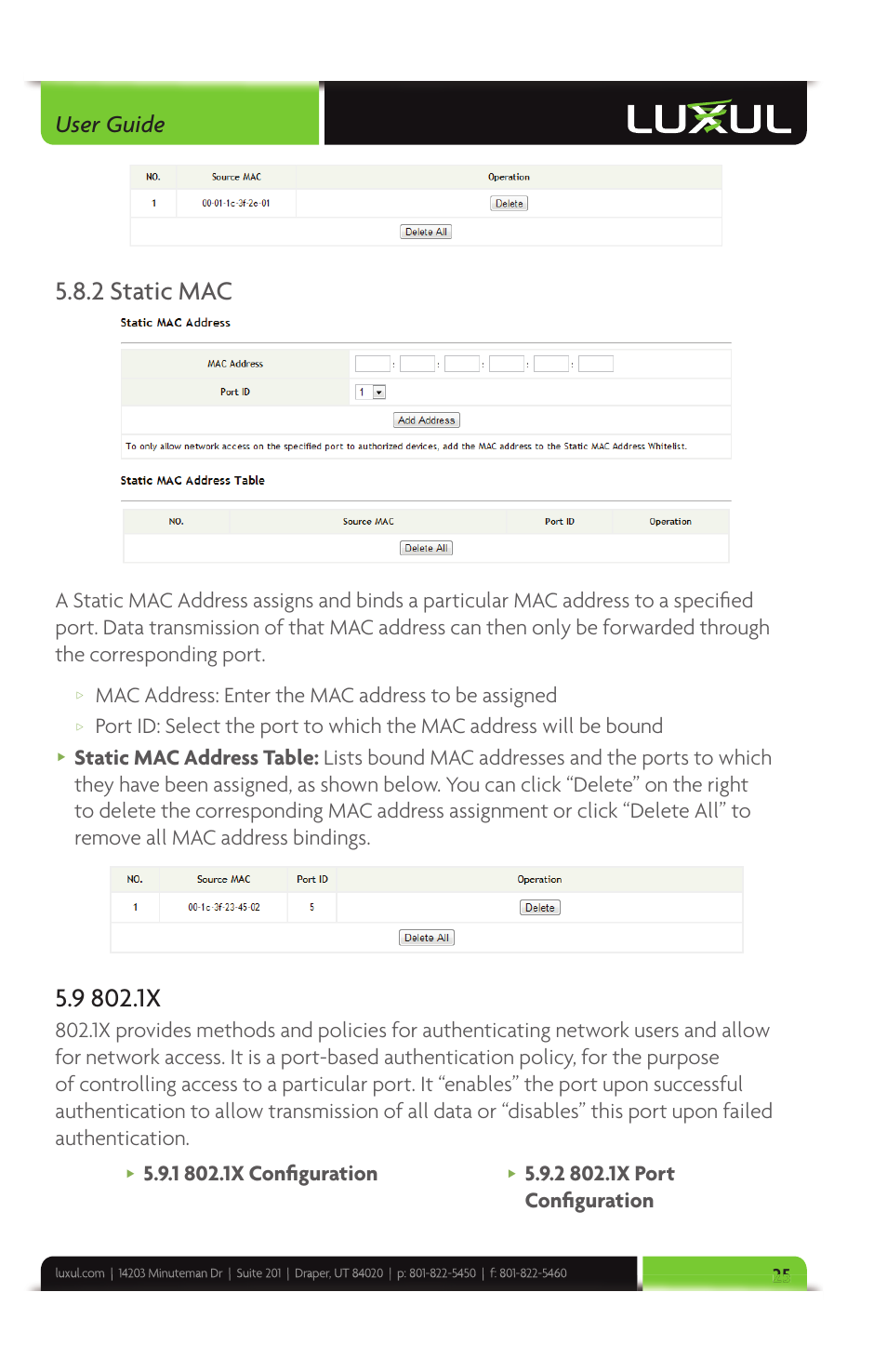 2 static mac, User guide, Mac address: enter the mac address to be assigned | Luxul XMS-1024 User Manual | Page 25 / 40