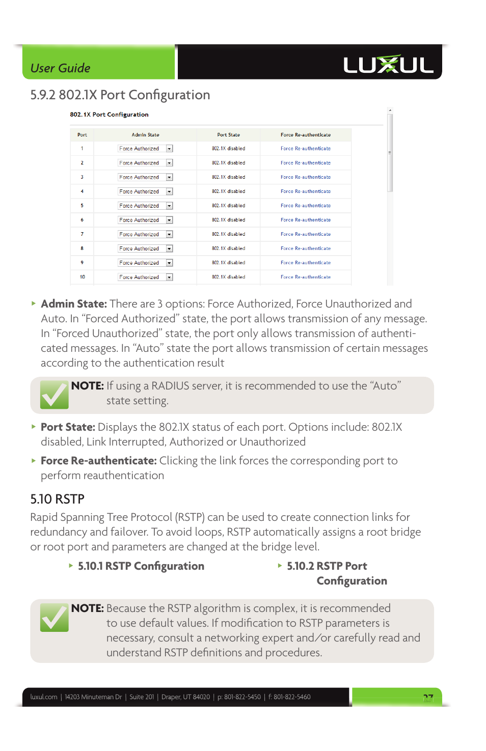 10 rstp, User guide, 1 rstp confi guration | Luxul XMS-1024 User Manual | Page 27 / 40