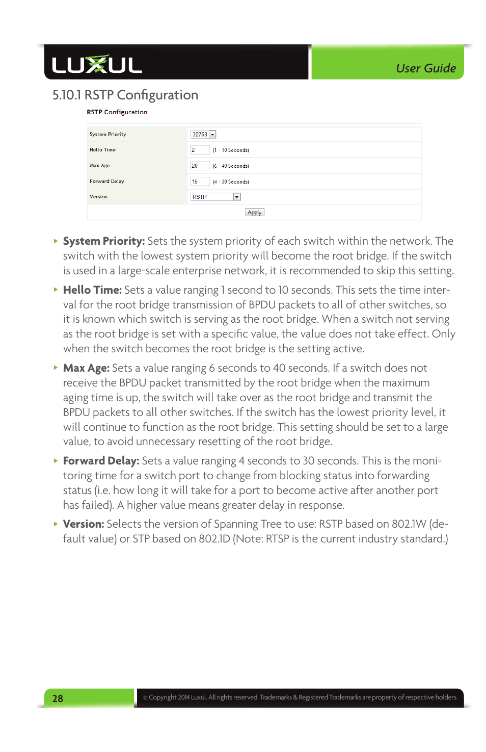 1 rstp confi guration, User guide | Luxul XMS-1024 User Manual | Page 28 / 40