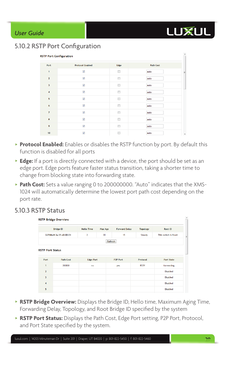 2 rstp port confi guration, 3 rstp status, User guide | Luxul XMS-1024 User Manual | Page 29 / 40