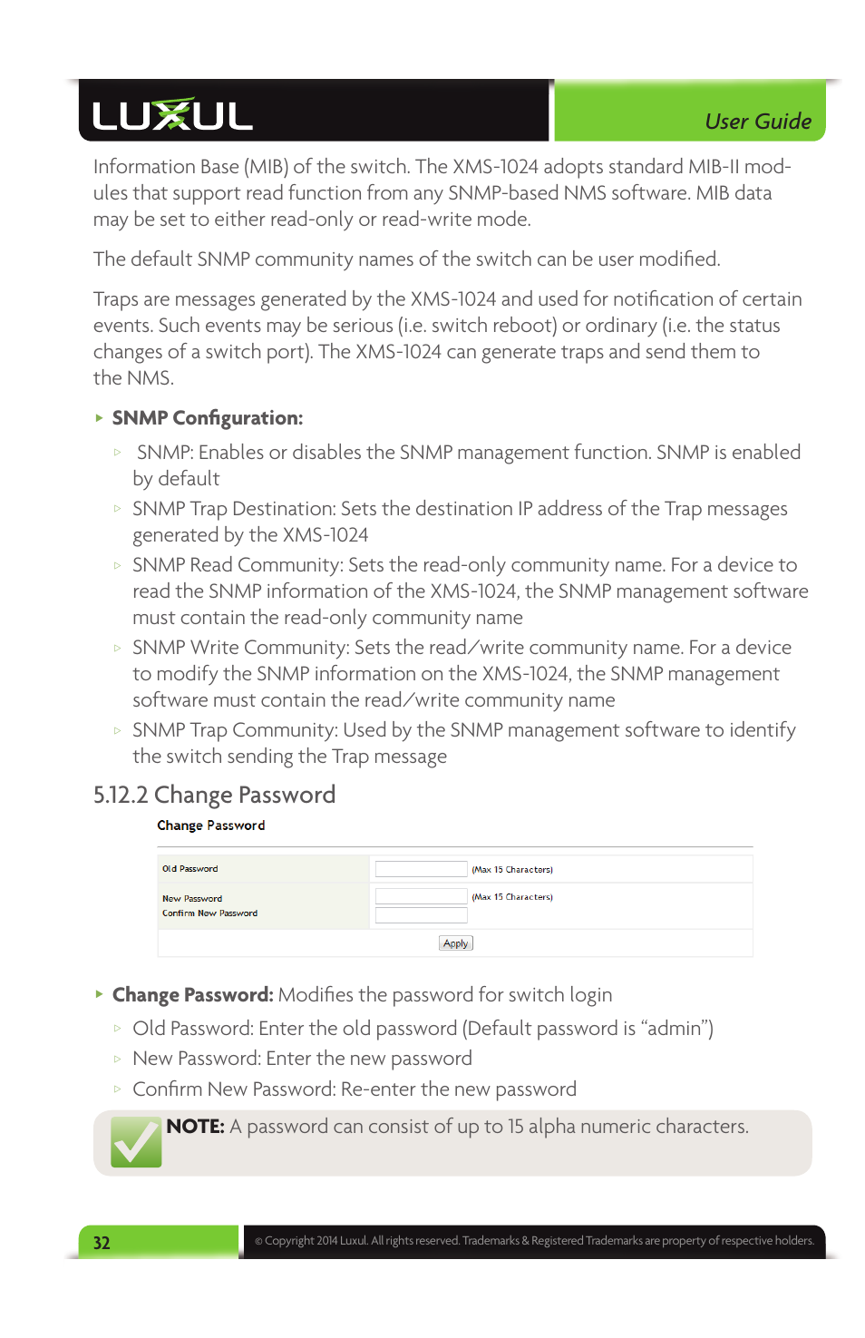 2 change password, User guide, Snmp confi guration | New password: enter the new password | Luxul XMS-1024 User Manual | Page 32 / 40