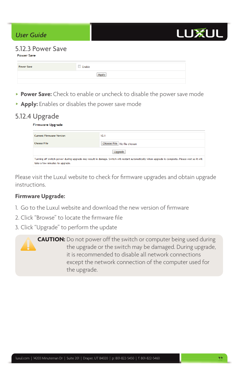 3 power save, 4 upgrade, User guide | Luxul XMS-1024 User Manual | Page 33 / 40