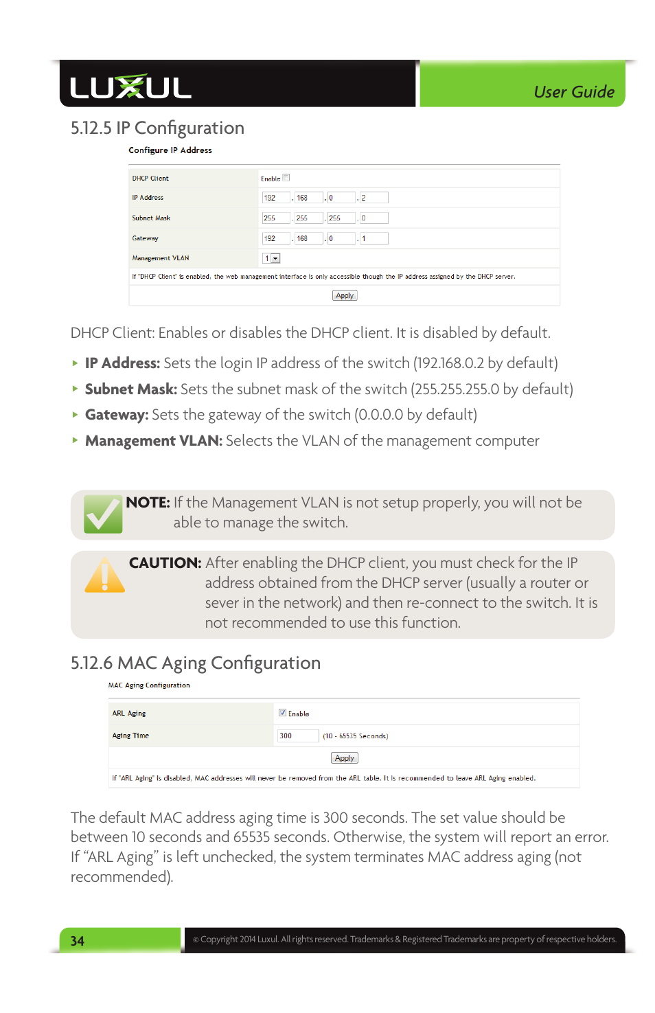 5 ip confi guration, 6 mac aging confi guration, User guide | Luxul XMS-1024 User Manual | Page 34 / 40