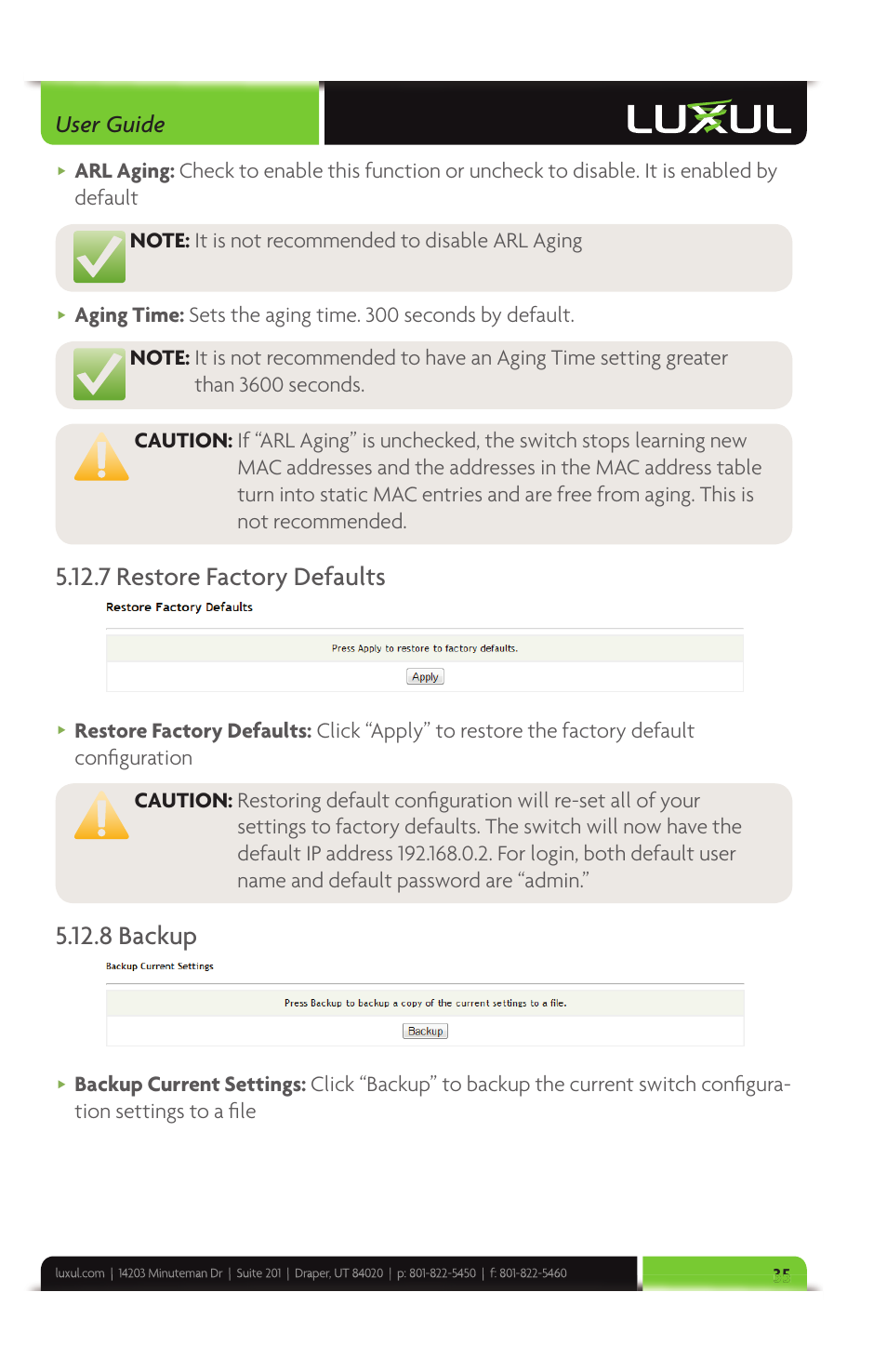 7 restore factory defaults, 8 backup, User guide | Luxul XMS-1024 User Manual | Page 35 / 40