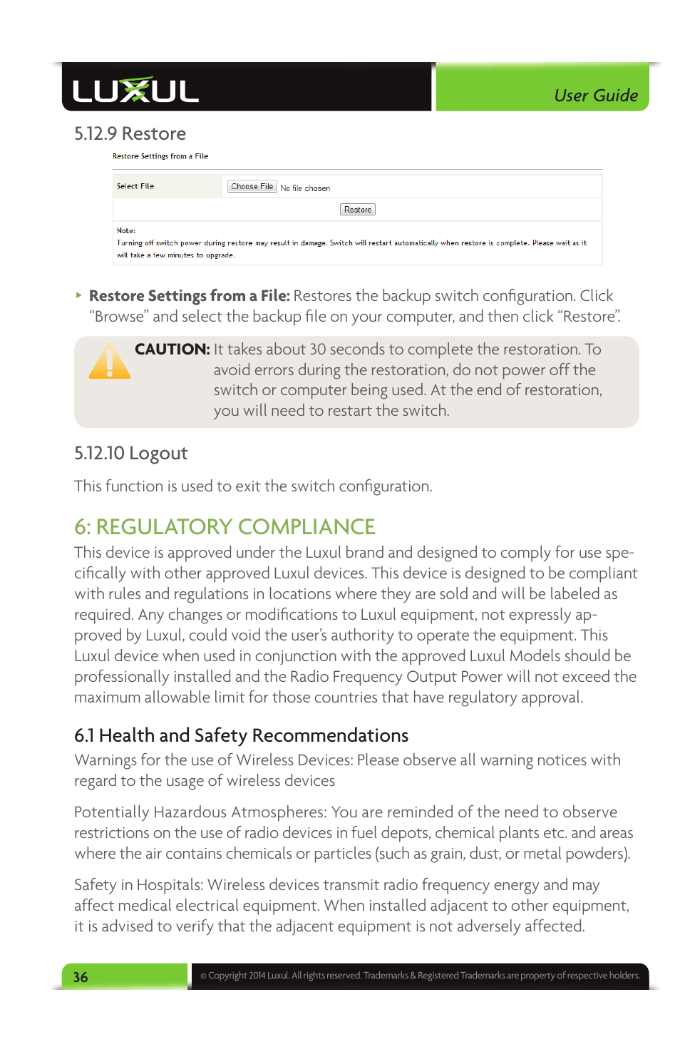 Regulatory compliance, 9 restore, 10 logout | 1 health and safety recommendations | Luxul XMS-1024 User Manual | Page 36 / 40
