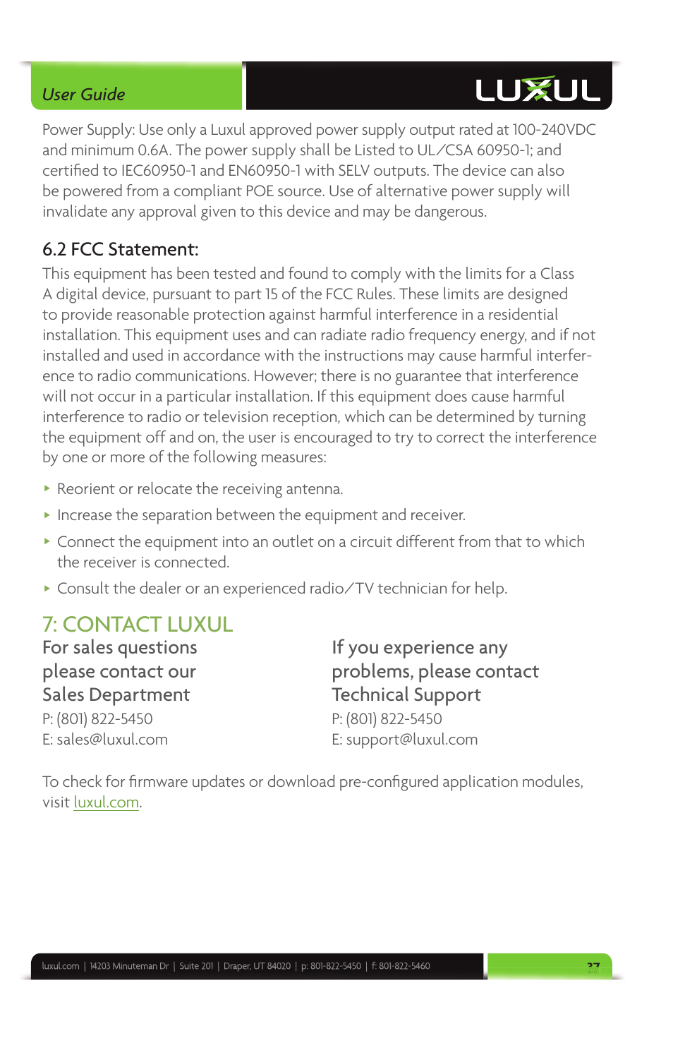 Contact luxul, 2 fcc statement, User guide | Luxul XMS-1024 User Manual | Page 37 / 40