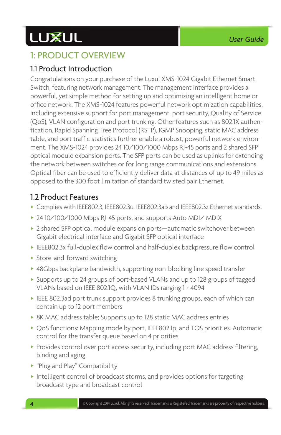 Product overview, 1 product introduction, 2 product features | User guide, Store-and-forward switching, Plug and play” compatibility | Luxul XMS-1024 User Manual | Page 4 / 40