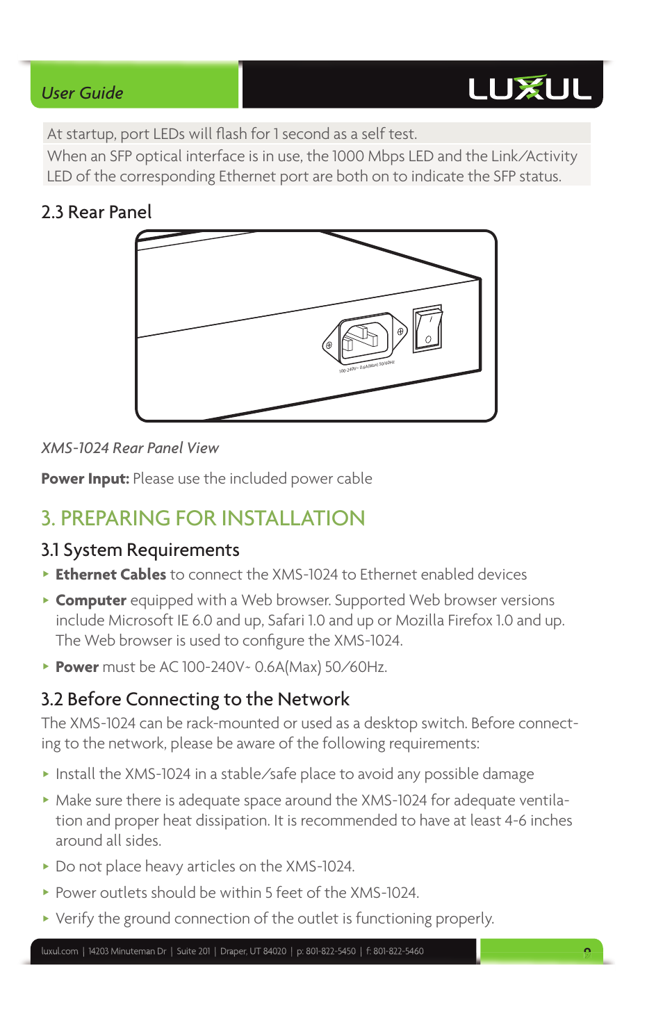 Preparing for installation, 3 rear panel, 1 system requirements | 2 before connecting to the network, User guide, Do not place heavy articles on the xms-1024 | Luxul XMS-1024 User Manual | Page 9 / 40