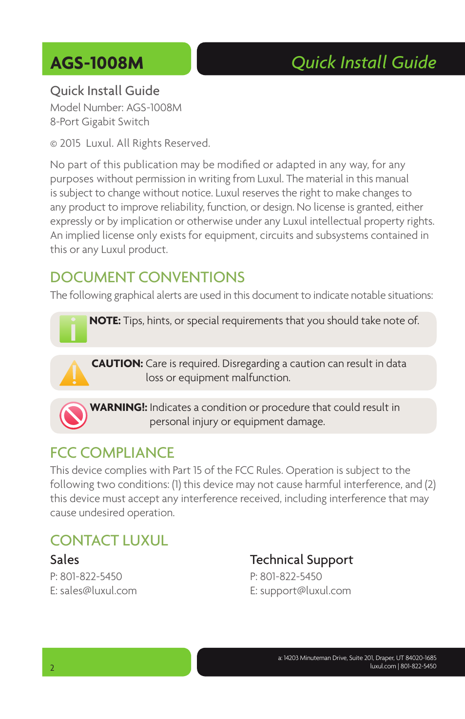 Ags-1008m quick install guide, Document conventions, Fcc compliance | Contact luxul | Luxul AGS-1008M User Manual | Page 2 / 8