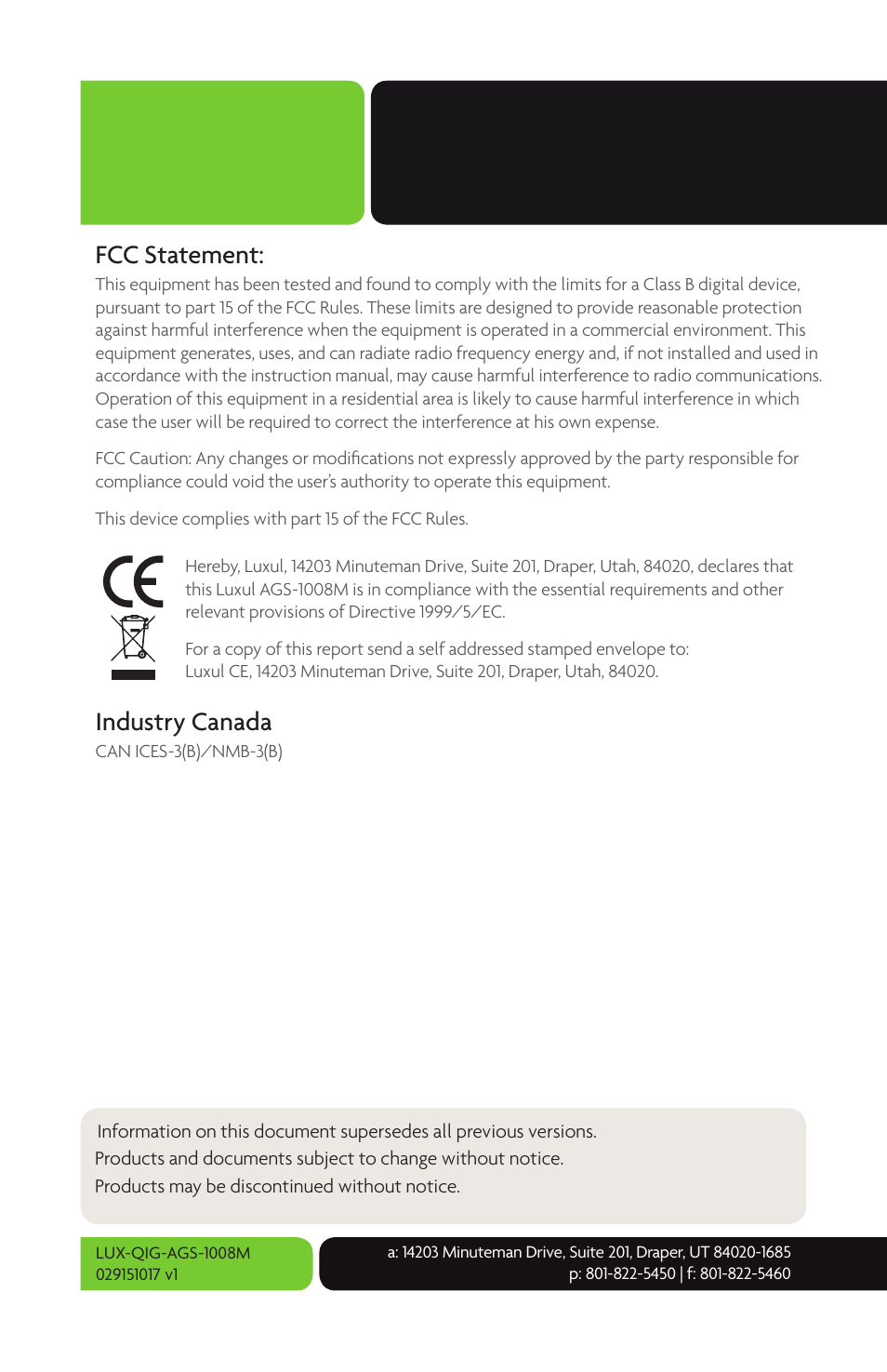 Fcc statement, Industry canada | Luxul AGS-1008M User Manual | Page 8 / 8