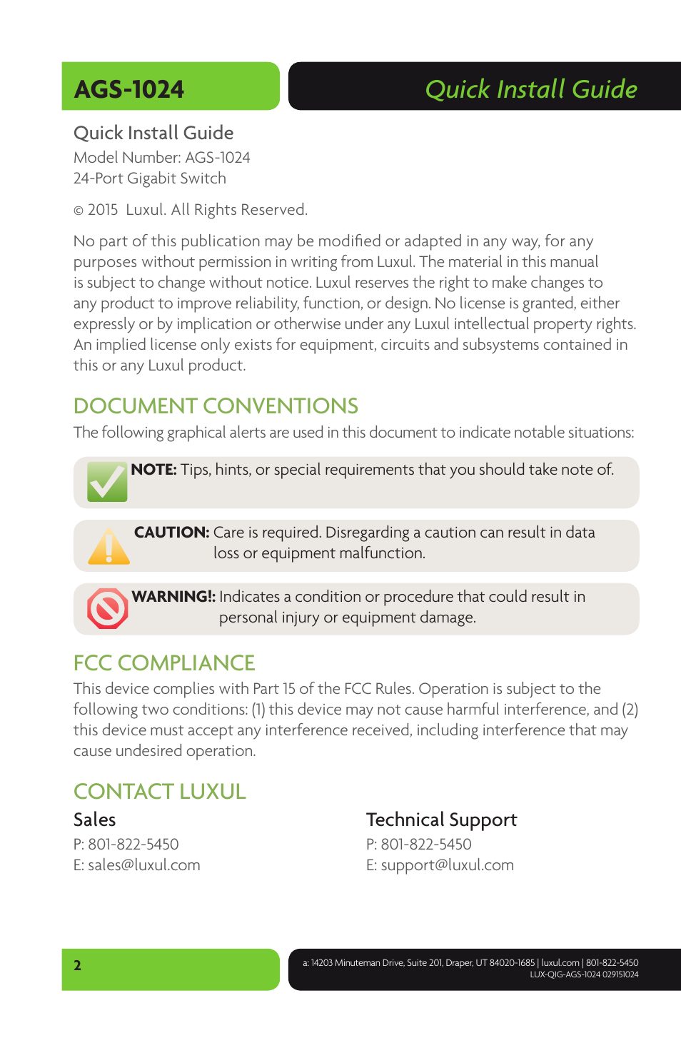 Quick install guide ags-1024, Document conventions, Fcc compliance | Contact luxul | Luxul AGS-1024 User Manual | Page 2 / 8