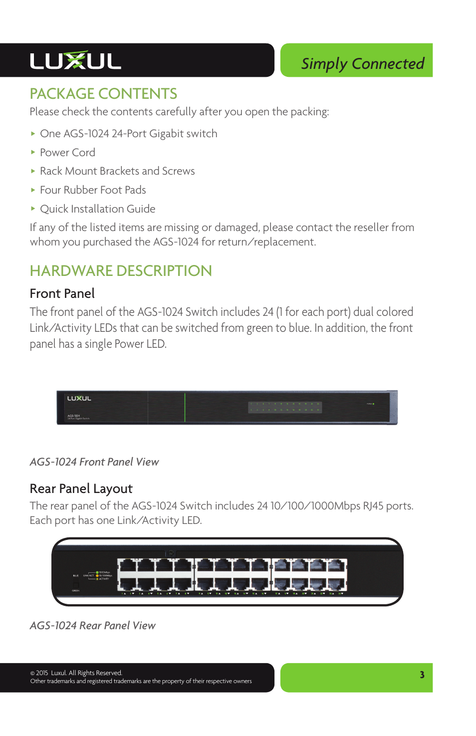 Simply connected, Package contents, Hardware description | Front panel, Rear panel layout | Luxul AGS-1024 User Manual | Page 3 / 8