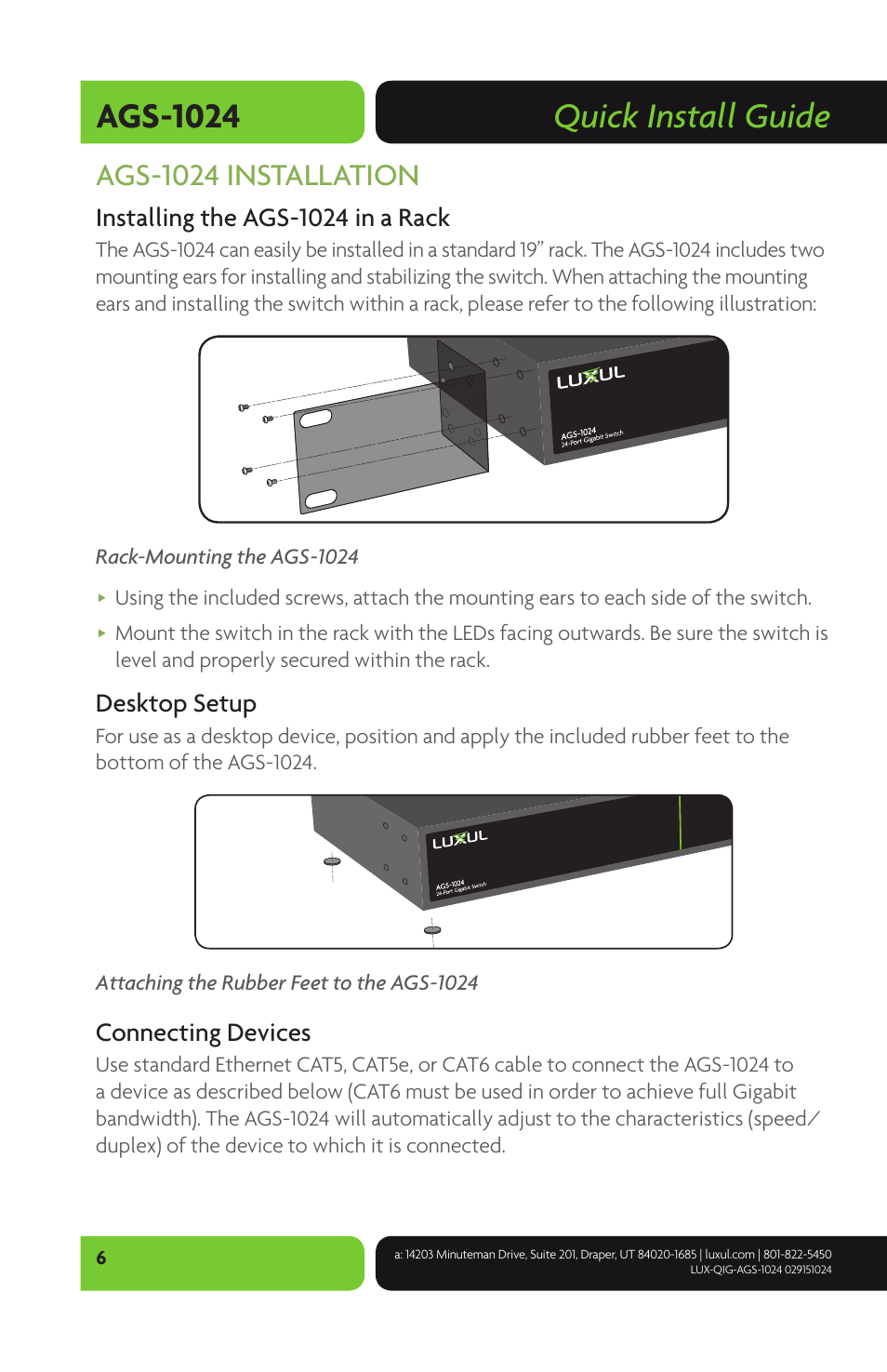 Quick install guide ags-1024, Ags-1024 installation, Installing the ags-1024 in a rack | Desktop setup, Connecting devices | Luxul AGS-1024 User Manual | Page 6 / 8