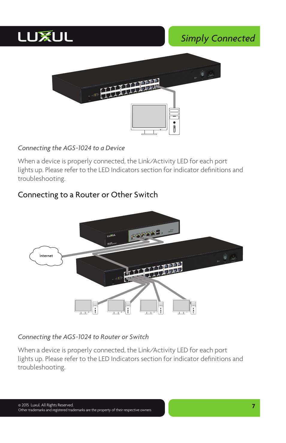 Simply connected, Connecting to a router or other switch | Luxul AGS-1024 User Manual | Page 7 / 8